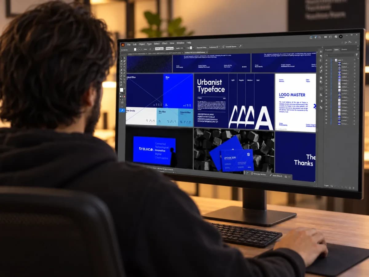لوحات هوية بصرية متكاملة على شاشة Adobe Illustrator