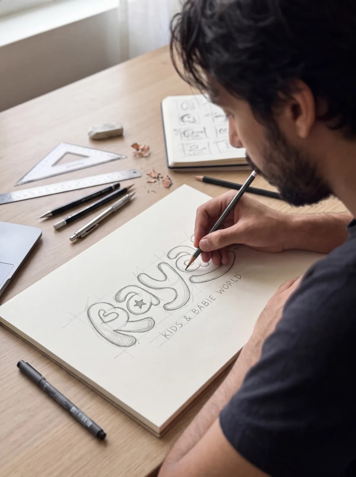 رسم شعار Rayaa بقلم الرصاص على دفتر رسم